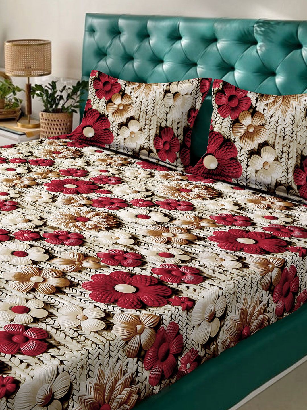 KLOTTHE Beige & Maroon Floral Printed 300 TC King Double 7D Bedsheet With 2 Pillow Cover