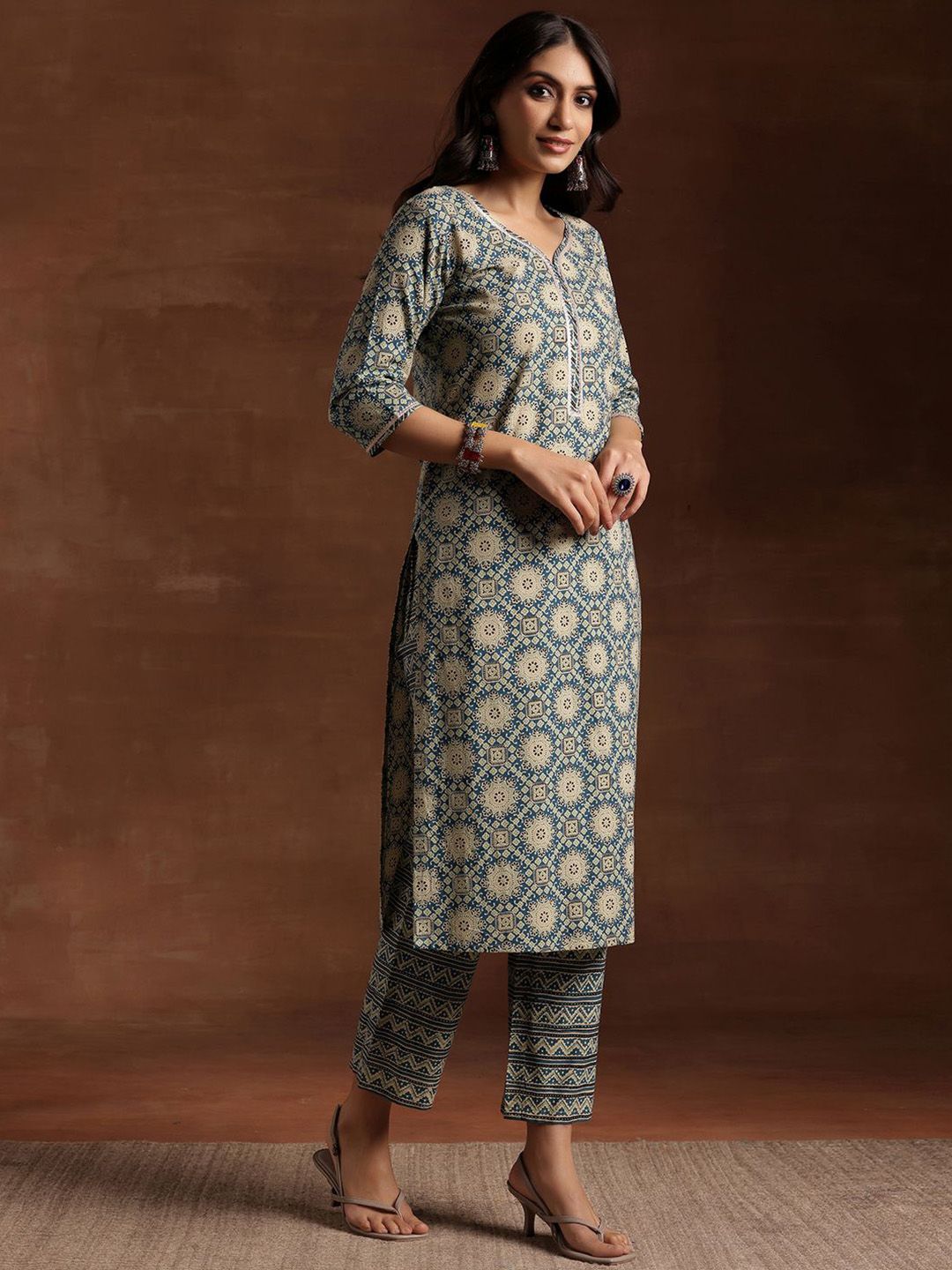 Libas Blue & Beige Ethnic Printed Sweetheart Neck Cotton Kurta with Trousers & Dupatta