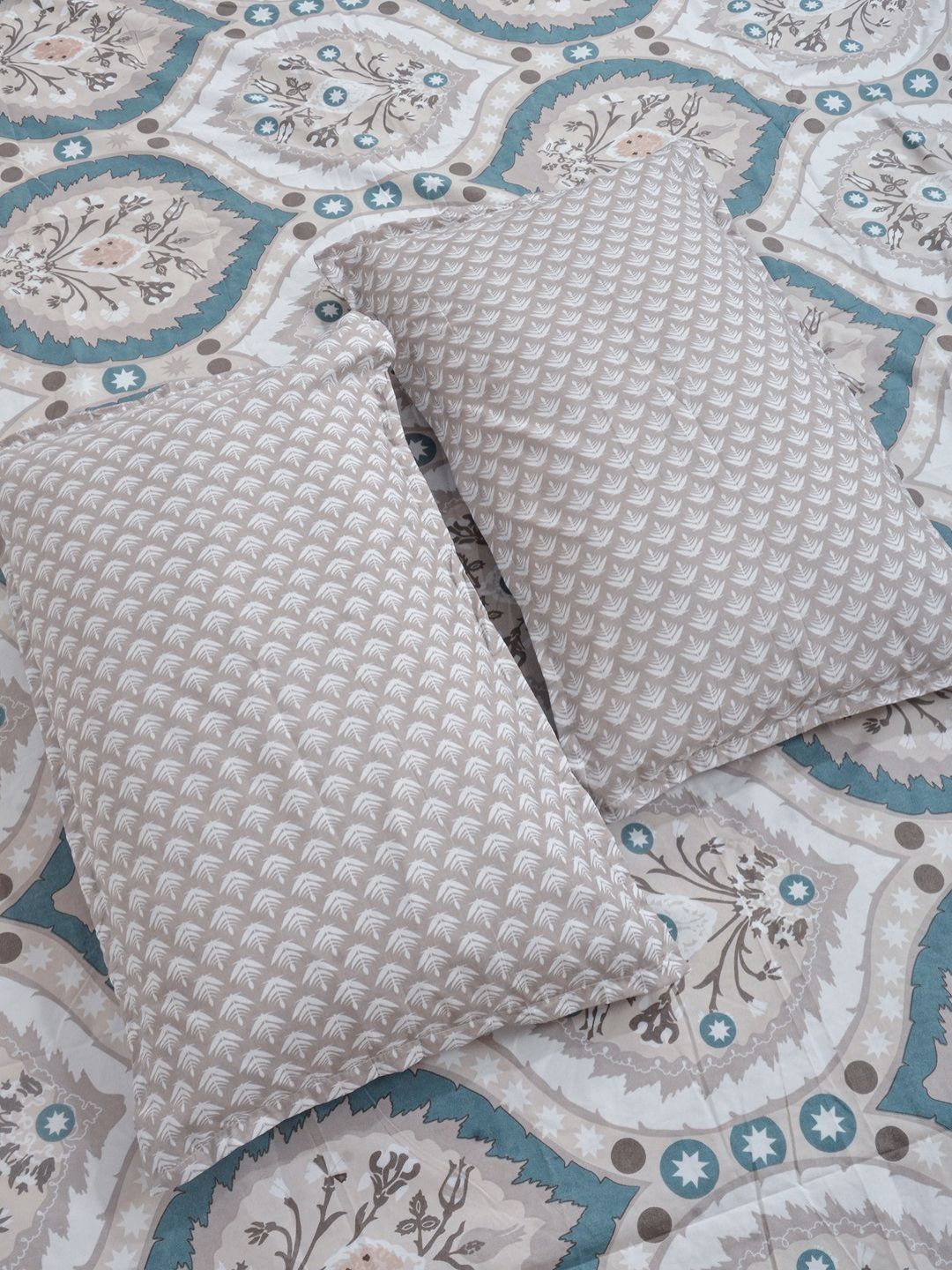 Aura Grey & Teal Floral Printed 300 TC Double King Bedsheet Set 2.50 m x 2.25 m