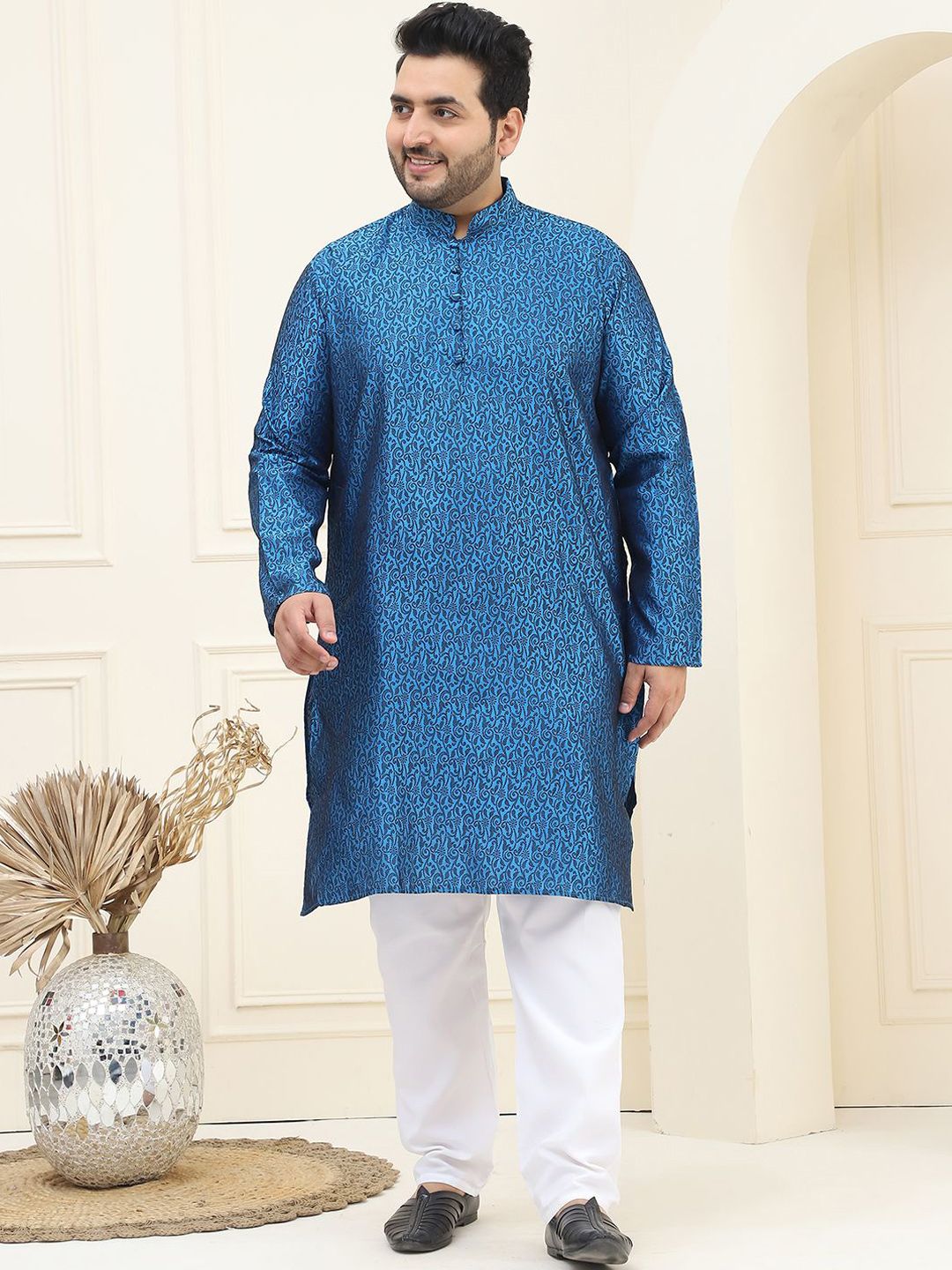 SOJANYA PLUS Rekaan Tenun Bunga Kurta Lurus Kolar Mandarin Dengan Pijama