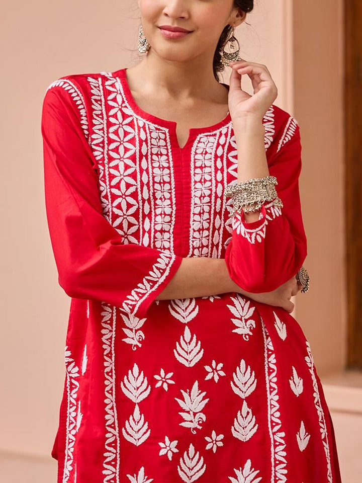 House of Chikankari Women Red Cotton Chikankari Embroidered Kurta