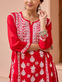 House of Chikankari Women Red Cotton Chikankari Embroidered Kurta