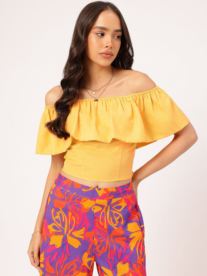 DressBerry Ruffle Ramble Dobby Bardot Crop Top