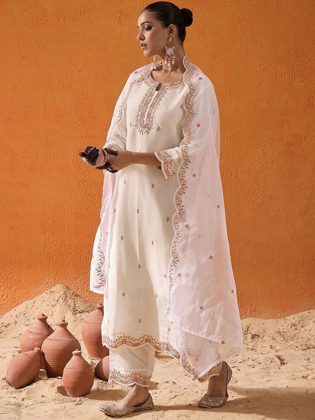 Indo Era White and Pink Ethnic Motifs Embroidered Gotta Patti Kurta with Trouser & Dupatta