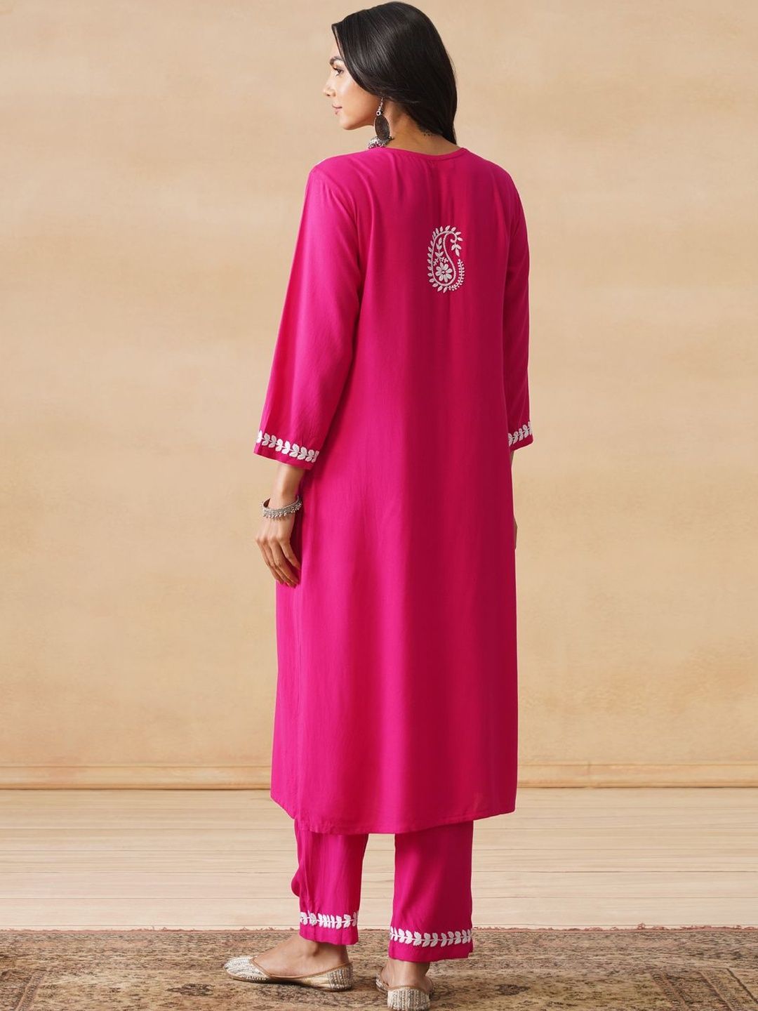 House of Chikankari Women Fuchsia 2 Helai Kurta Biasa dengan Set Seluar
