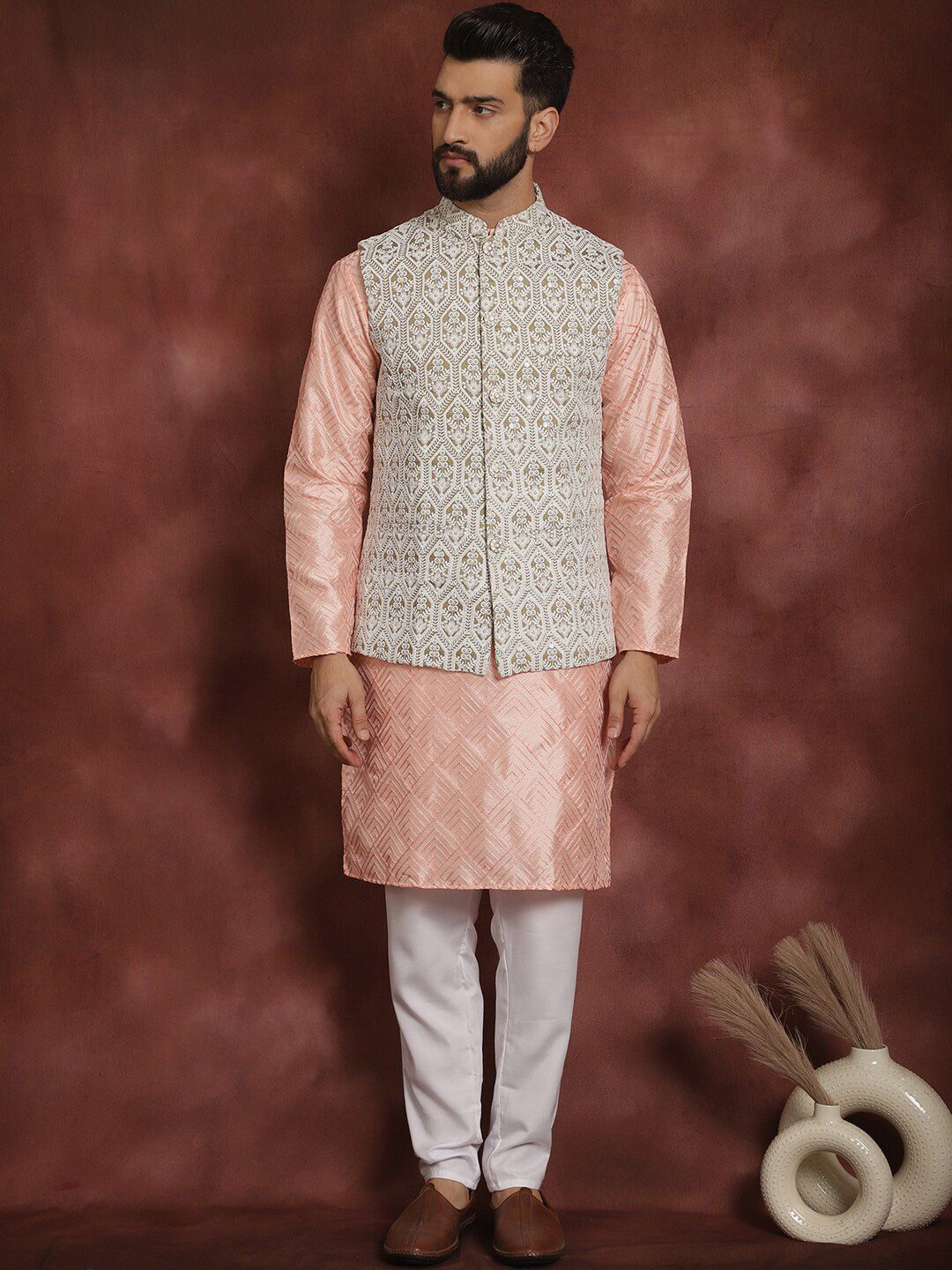 Anouk Embroidered Regular Thread Work Kurta With Churidar & Nehru Jacket