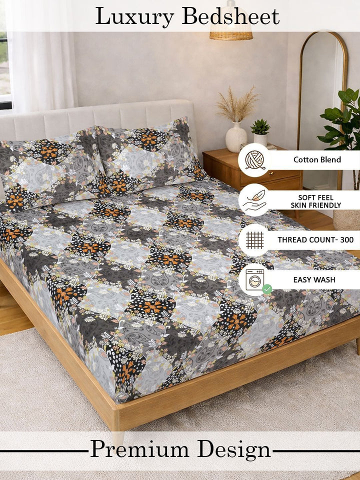 Myntra Elegant Homes Grey & Orange Floral 300 TC King Double Bedsheet with 2 Pillow Covers
