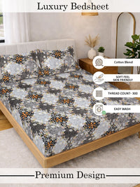 Myntra Elegant Homes Grey & Orange Floral 300 TC King Double Bedsheet with 2 Pillow Covers