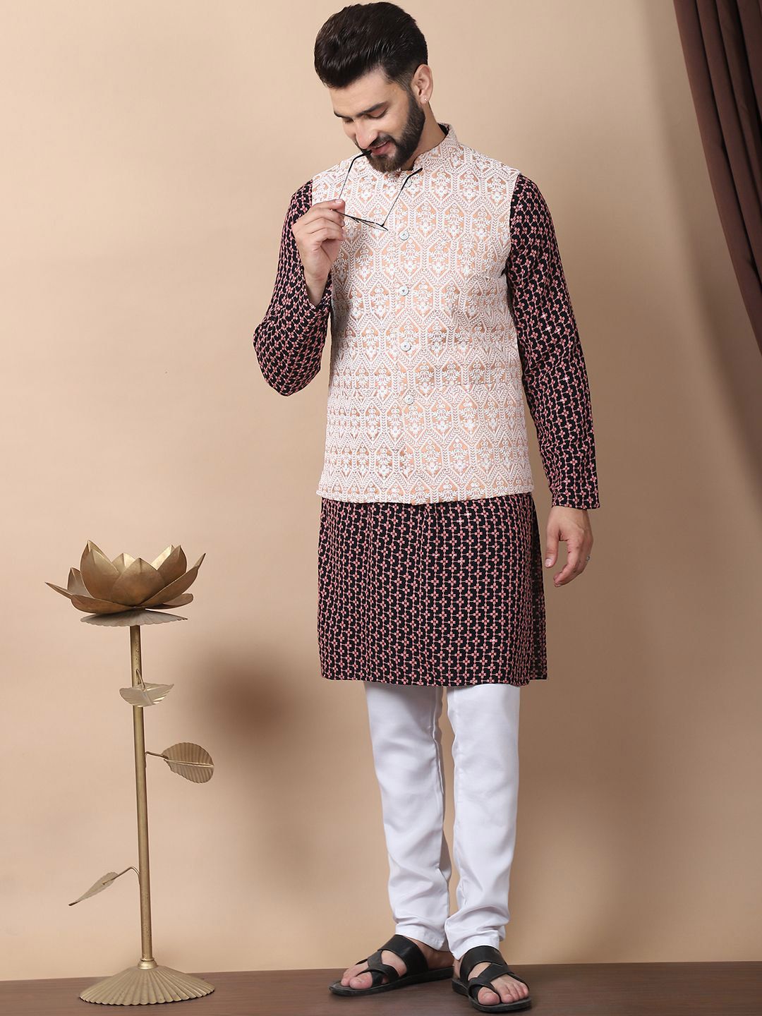 Anouk Coral Floral Embroidered Sequinned Pure Cotton Kurta with Churidar & Nehru Jacket