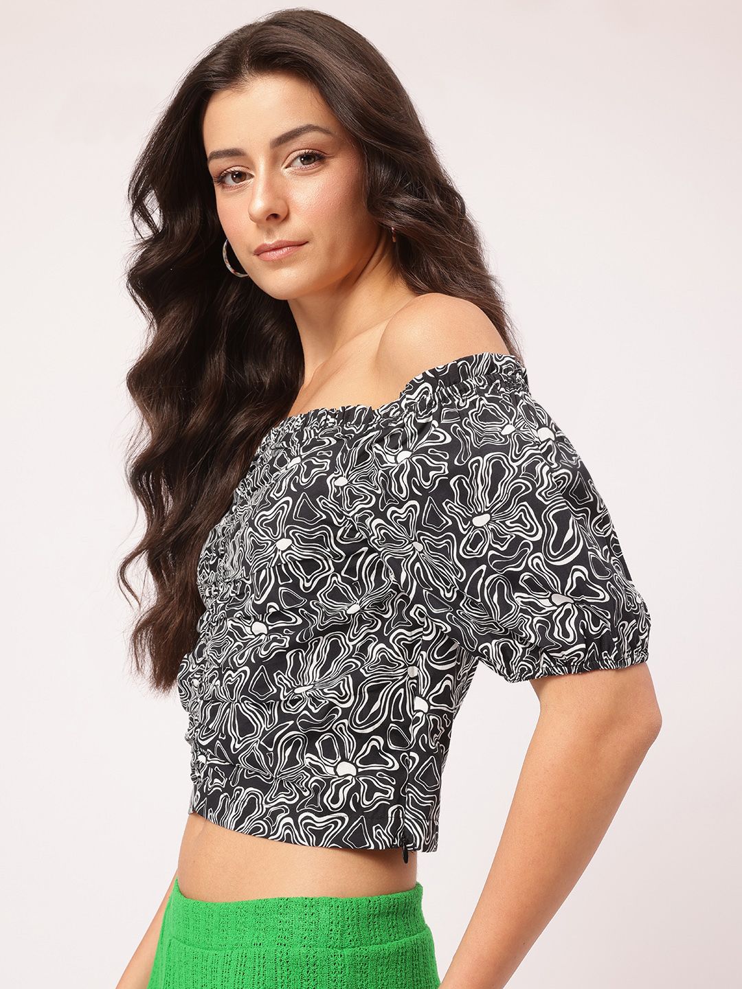 DressBerry Printed Ruched Bardot Crop Top