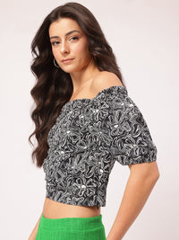 DressBerry Printed Ruched Bardot Crop Top