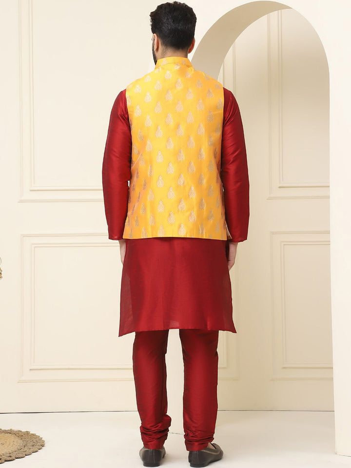 SOJANYA Mandarin Collar Silk Cotton Kurta With Churidar & Woven Design Nehru Jacket