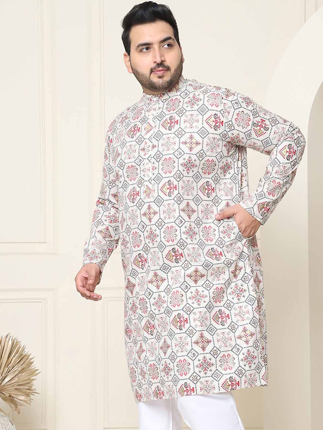 SOJANYA PLUS Ethnic Motifs Printed Band Collar Straight Cotton Linen Kurta