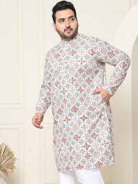 SOJANYA PLUS Ethnic Motifs Printed Band Collar Straight Cotton Linen Kurta