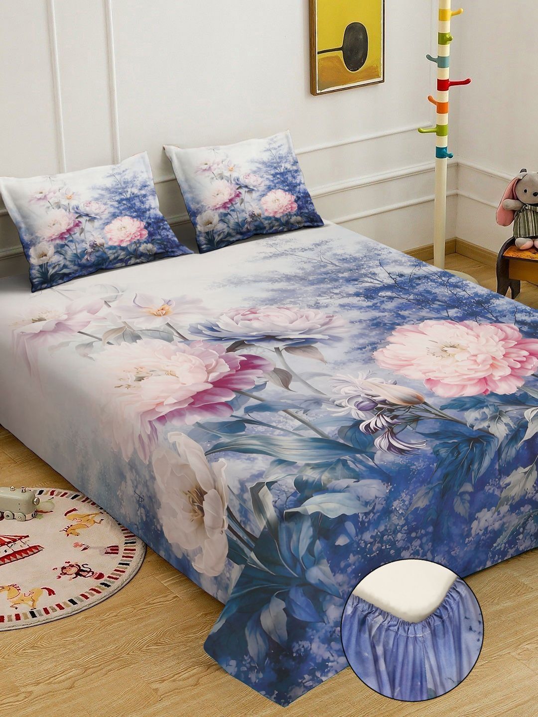 Myntra Elegant Homes Blue & Pink Floral 300 TC King Cadar dengan 2 Sarung Bantal