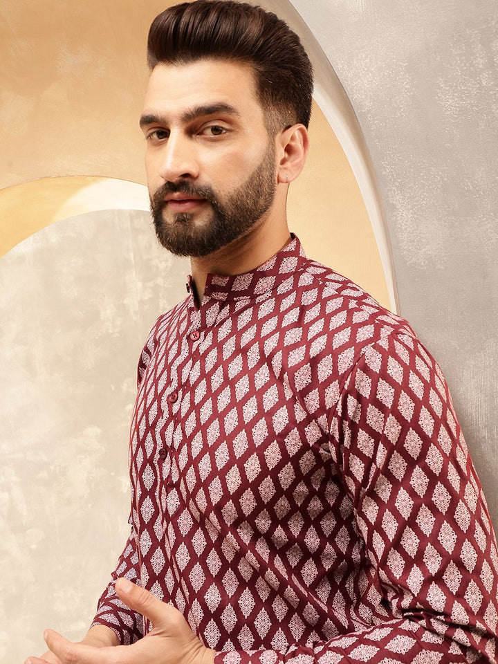 Anouk Maroon Etnik Motif Bercetak Kolar Jalur Kurta Pendek Lurus