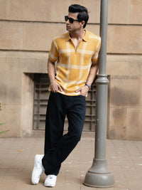 Powerlook SS25 Knitted Checked Polo Collar Pure Cotton T-Shirt
