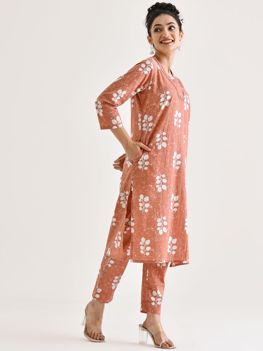 Rustorange Buta Printed Embroidered Neckline Detail Pure Cotton Tunic With Trouser Co-Ords