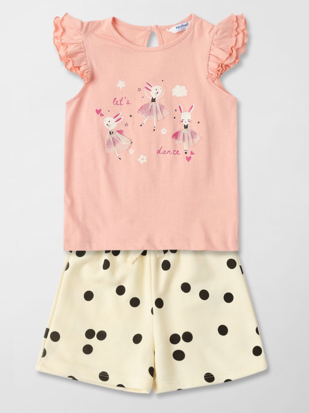 Nauti Nati Girls Printed Round Neck Short Sleeves Pure Cotton Top With Shorts