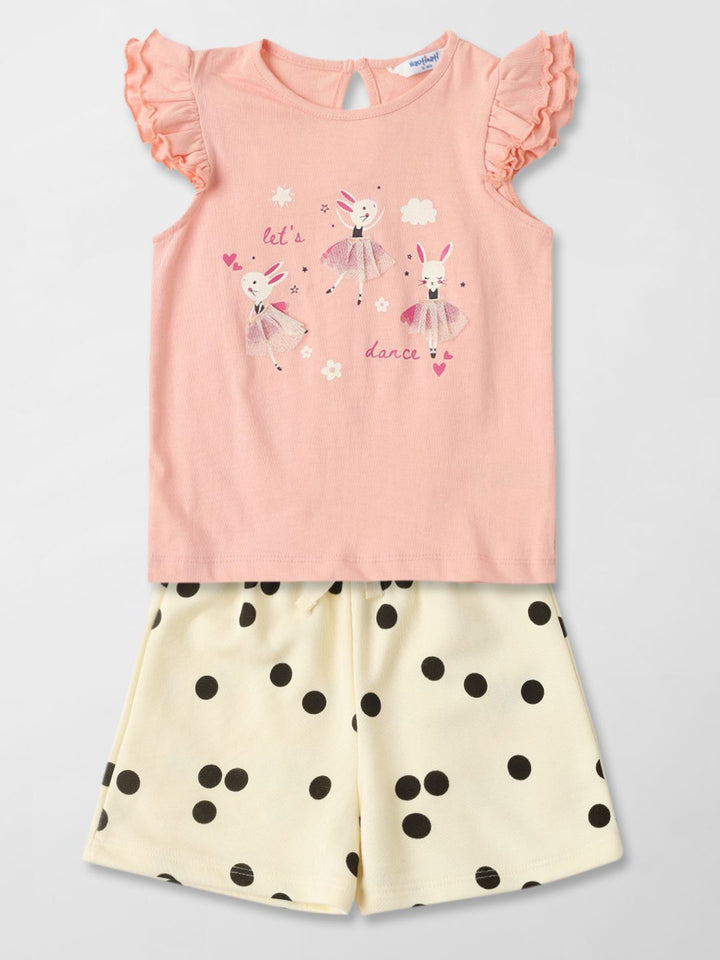 Nauti Nati Girls Printed Round Neck Short Sleeves Pure Cotton Top With Shorts