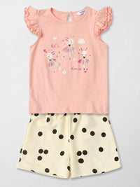 Nauti Nati Girls Printed Round Neck Short Sleeves Pure Cotton Top With Shorts