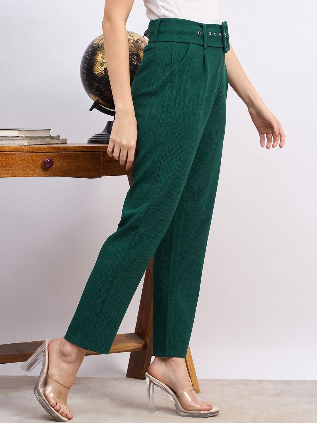 Berrylush Women High-Rise Slim Fit Formal Trousers Comes with a belt