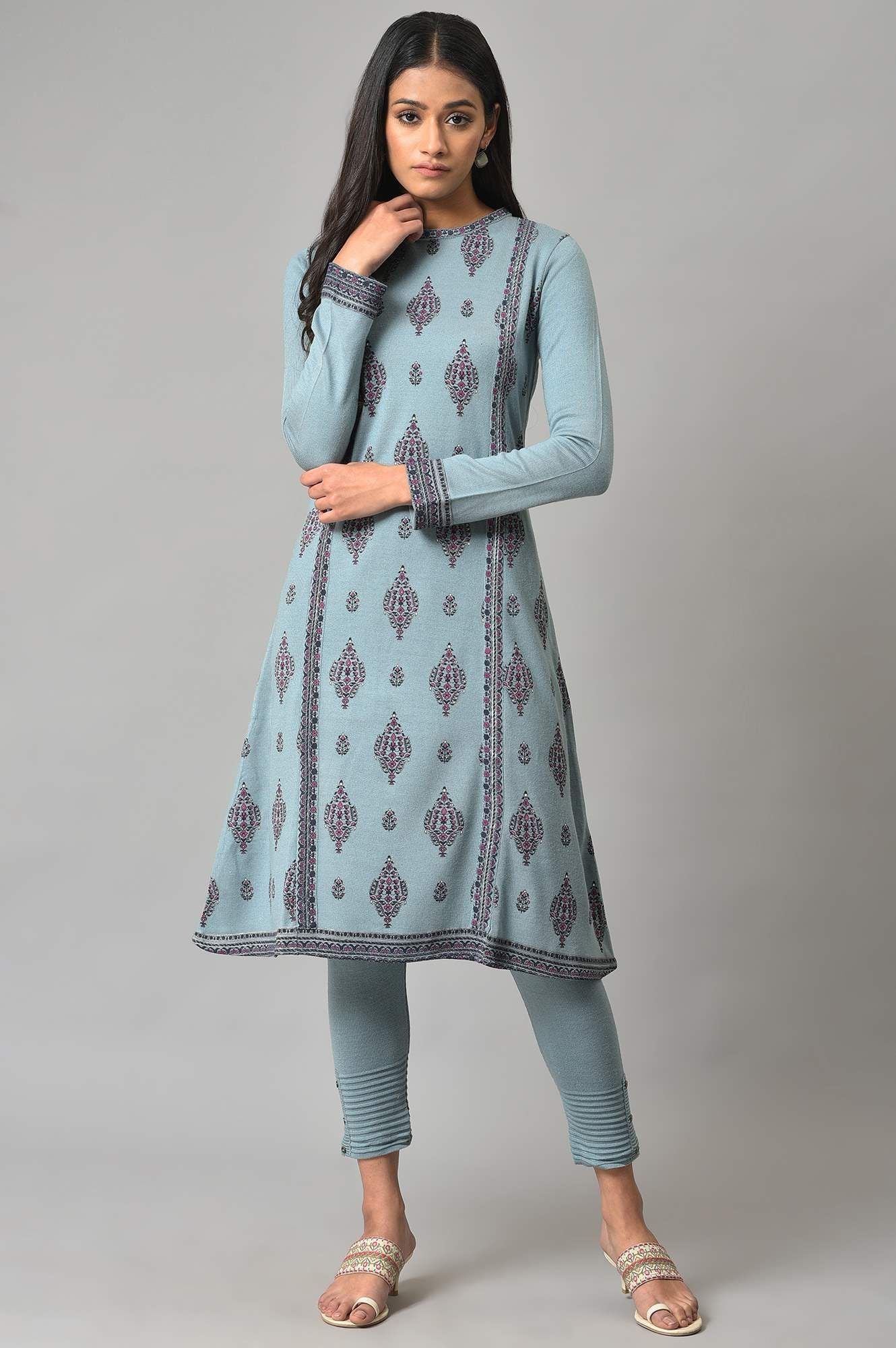 W Floral Printed Round Neck Acrylic A-Line Kurta