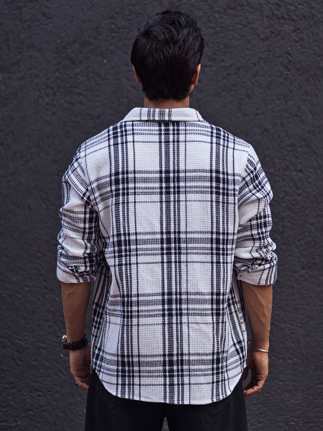 Powerlook Men Spread Collar Tartan Checked Cotton Canvas Casual Shirt