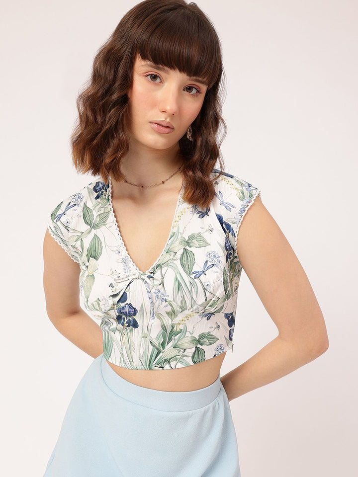 DressBerry Floral Frenzy Print Bow Detail Crop Top