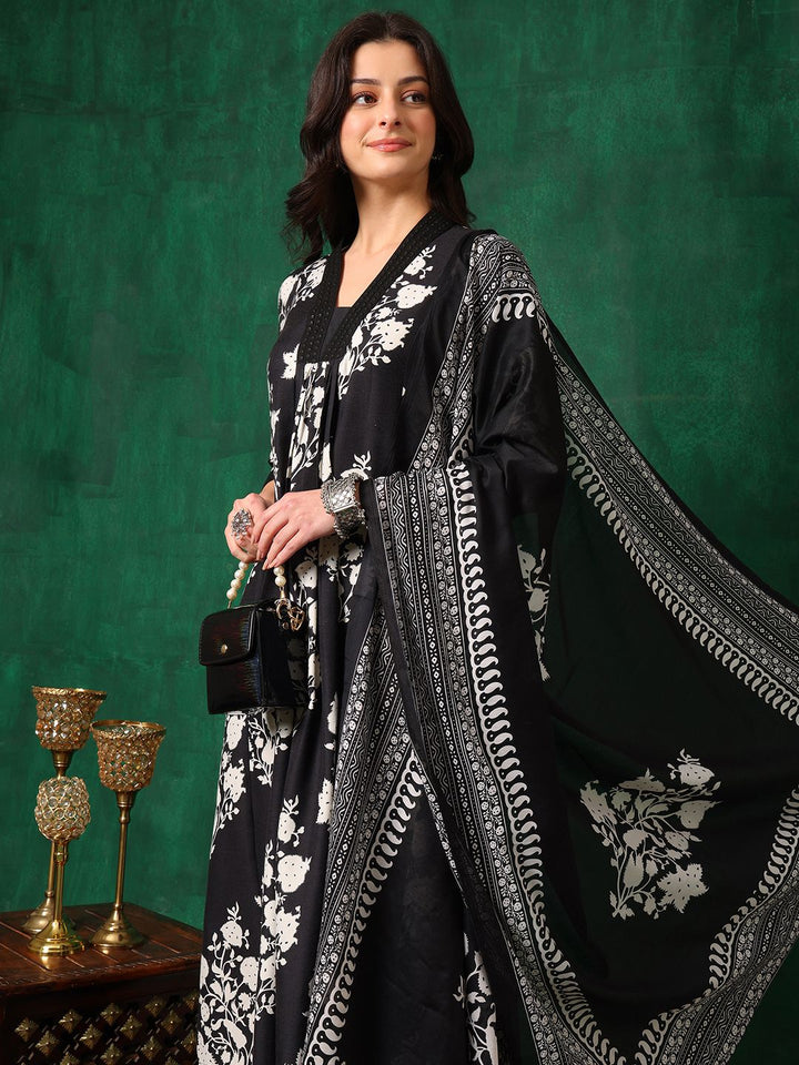 KALINI Floral Printed Embroidered V-Neck A-Line Kurta With Palazzo & Dupatta