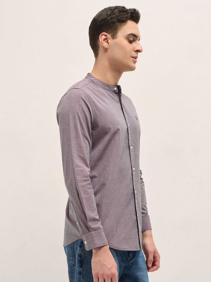THE BEAR HOUSE Men Mandarin Collar Textured Solid Cotton Slim Fit Casual Shirt