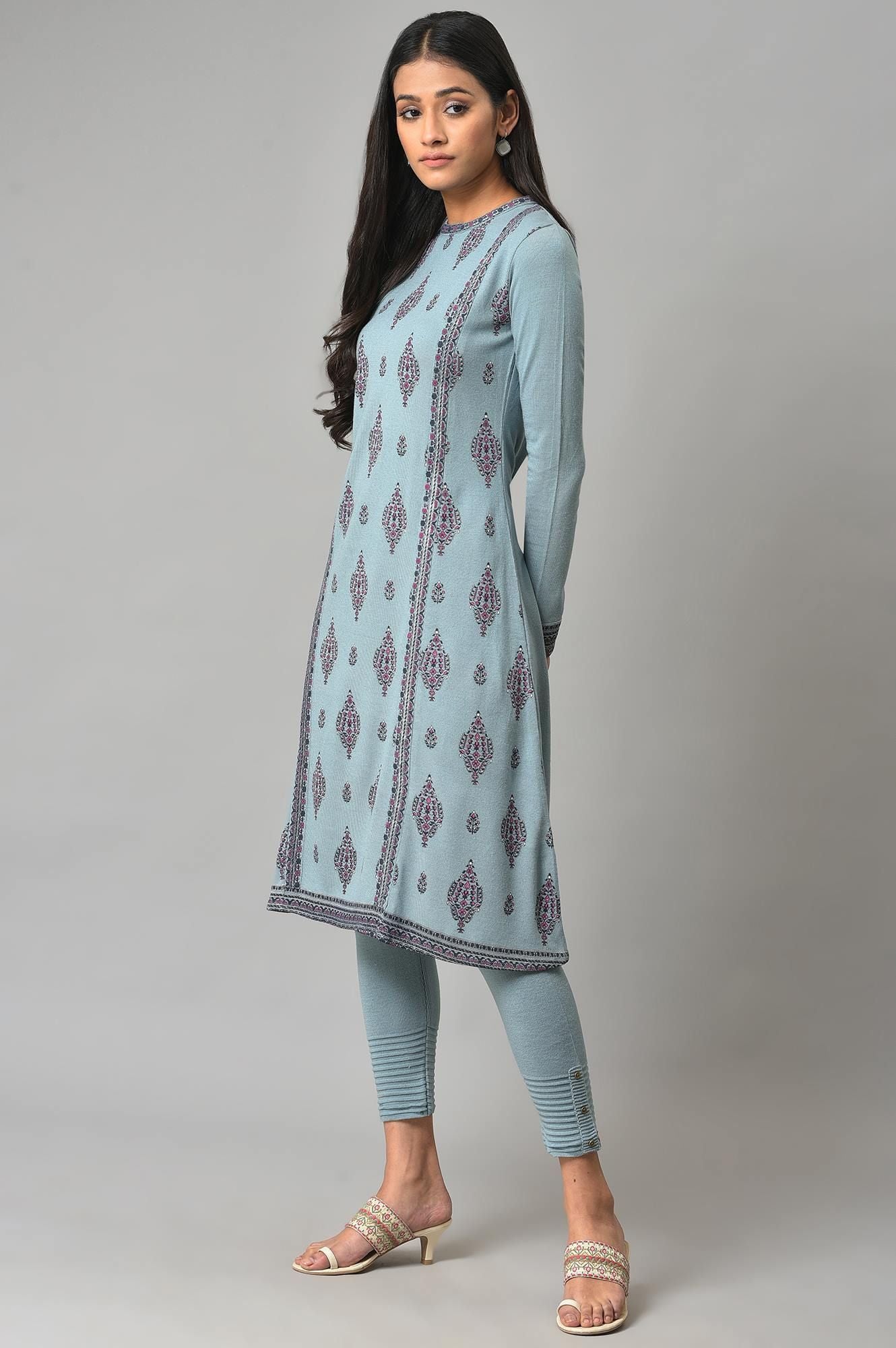W Floral Printed Round Neck Acrylic A-Line Kurta