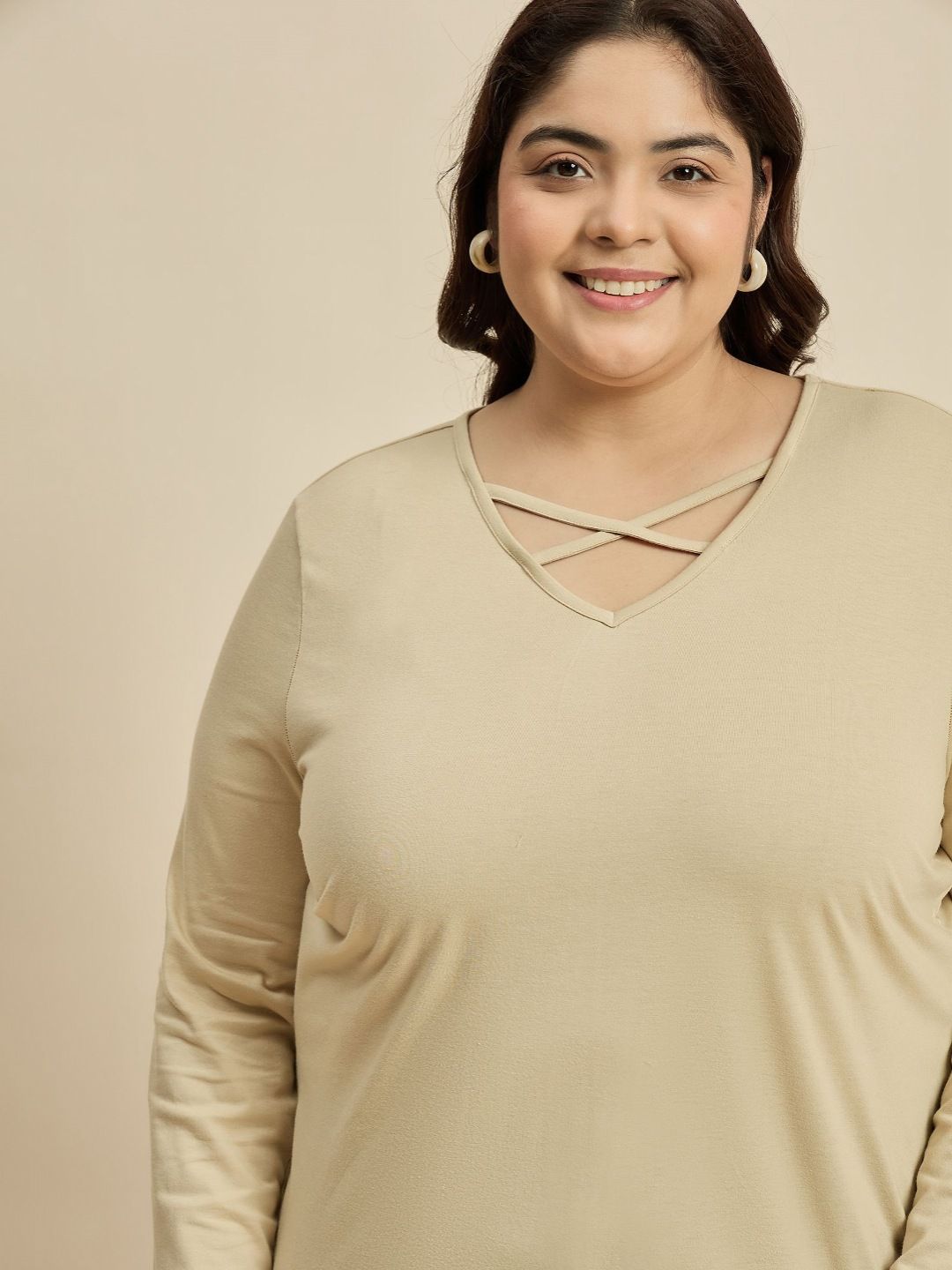 CURVY STREET Women Solid V-Neck Cotton Plus Size T-shirt
