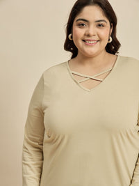 CURVY STREET Women Solid V-Neck Cotton Plus Size T-shirt