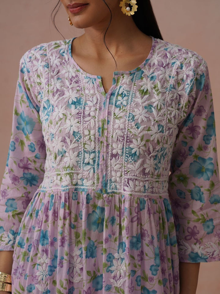 House of Chikankari Floral Print Bell Sleeve Maxi Dress
