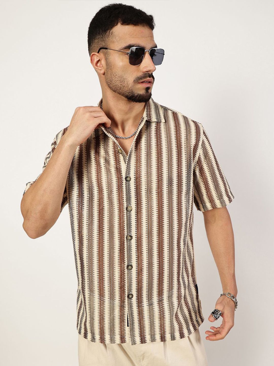 Thomas Scott Men Premium Spread Collar Vertical Striped Cotton Slim Fit Casual Shirt
