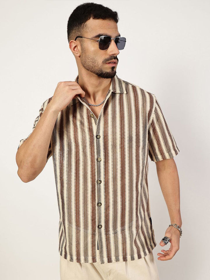 Thomas Scott Men Premium Spread Collar Vertical Striped Cotton Slim Fit Casual Shirt
