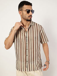 Thomas Scott Men Premium Spread Collar Vertical Striped Cotton Slim Fit Casual Shirt