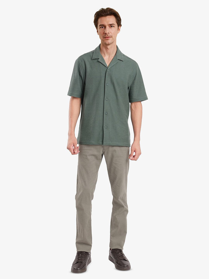 RARE RABBIT Men Comfort Spread Collar Textured Cotton Boxy Casual Shirt