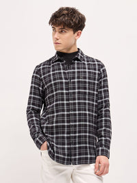 THE BEAR HOUSE Men Spread Collar Tartan Checked Cotton Slim Fit Shirt
