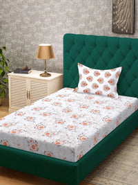 Myntra Elegant Homes White & Orange Floral 400 TC Single Bedsheet with 1 Pillow Covers