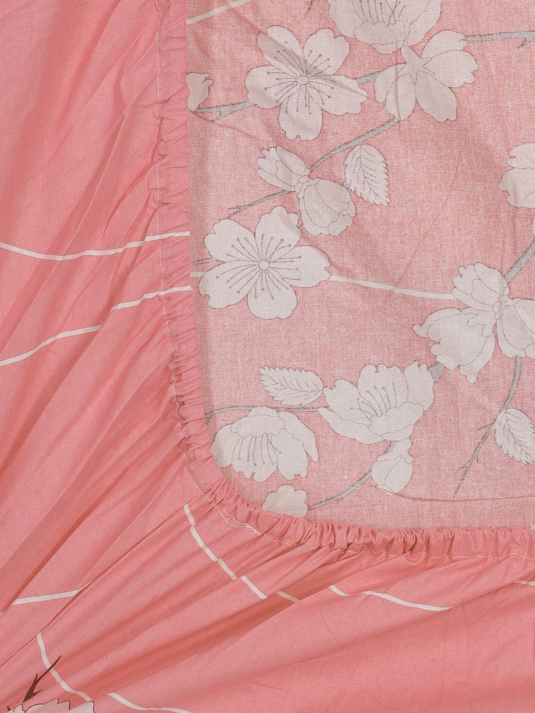 Aura Pink & White Floral Printed Fitted 400TC King Cotton Bedsheet With 2 Pillow Cover