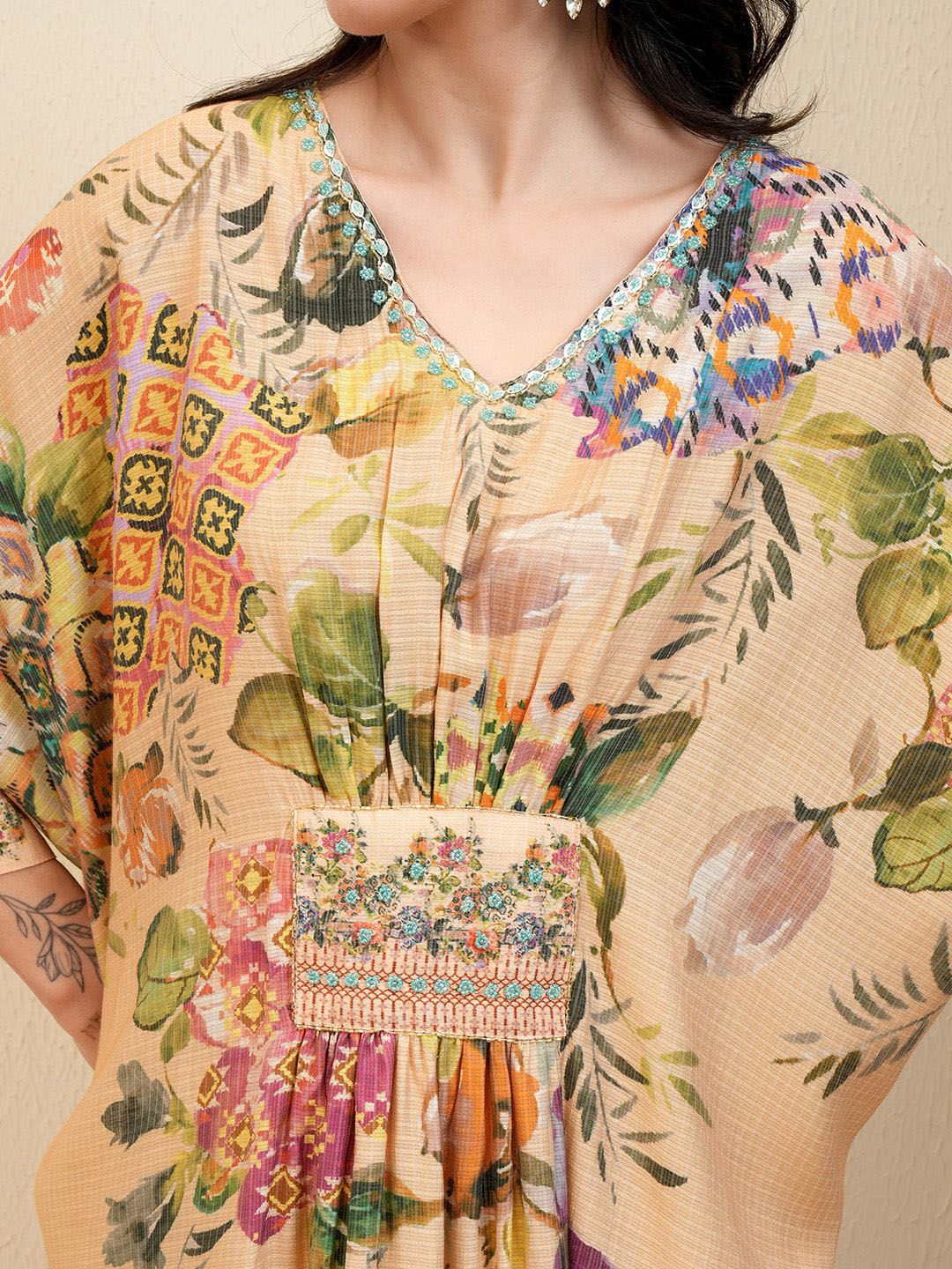 Vishudh Cream Floral Printed Beads and Stones Pure Cotton Kaftan Kurta With Trousers