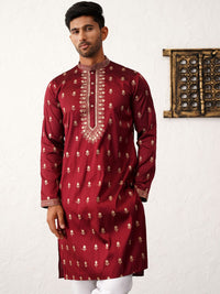 Jompers Floral Embroidered Mandarin Collar Chikankari Cotton & Silk Straight Kurta
