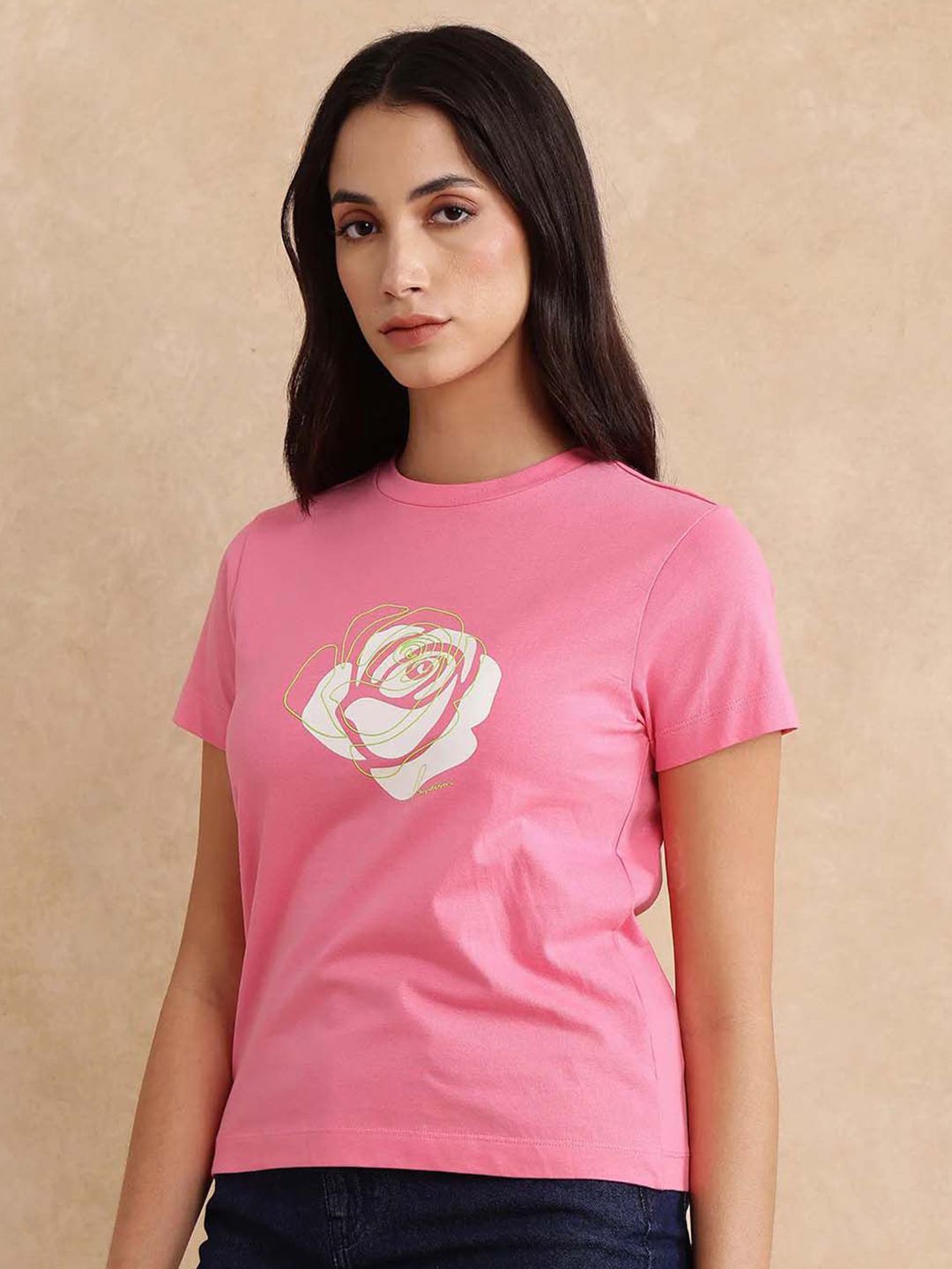 Rareism Wanita bunga T-Shirt Tepi Mentah Bercetak