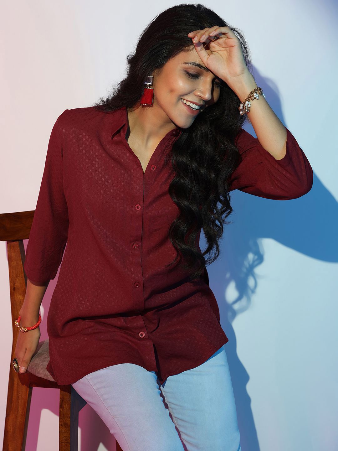 Libas Women Self Design Shirt Collar Front Open Tunic