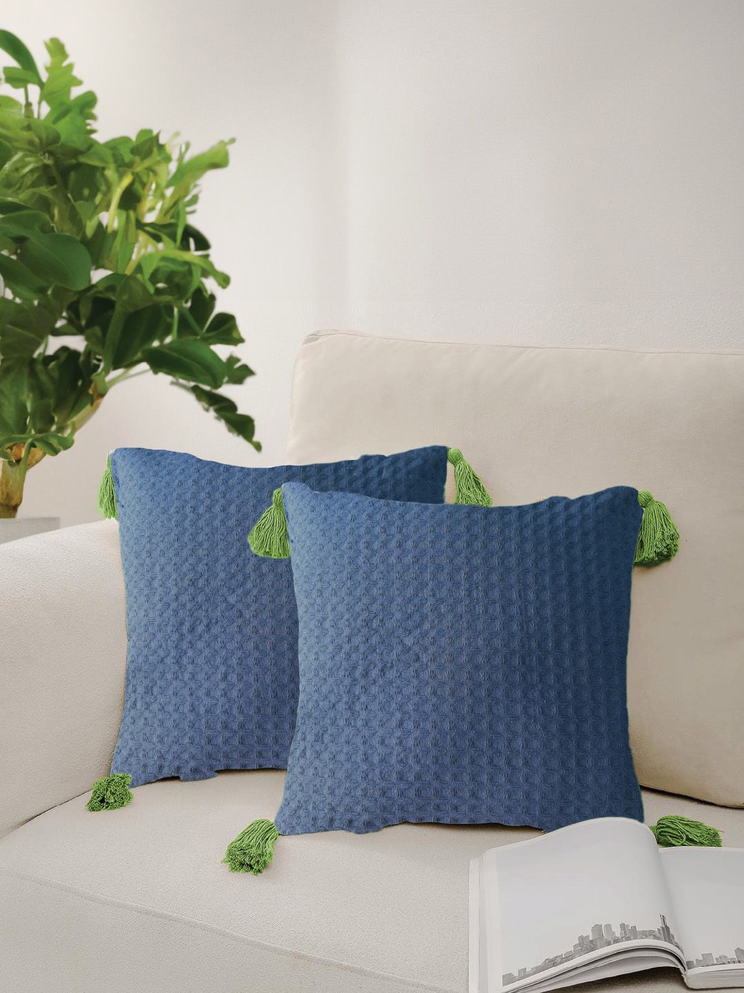 URBAN SPACE Navy Blue & Green 2 Pieces Checked Square Cushion Covers