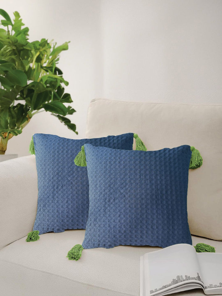 URBAN SPACE Navy Blue & Green 2 Pieces Checked Square Cushion Covers