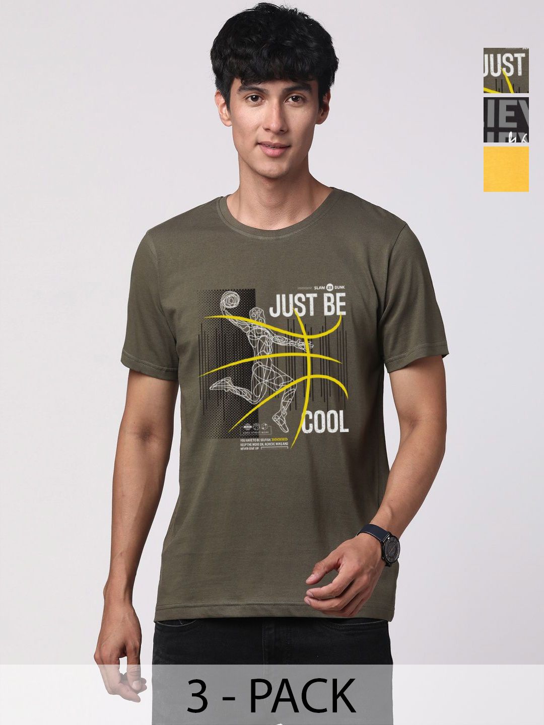 ADRO Pack of 3 Printed Round Neck Cotton T-shirt