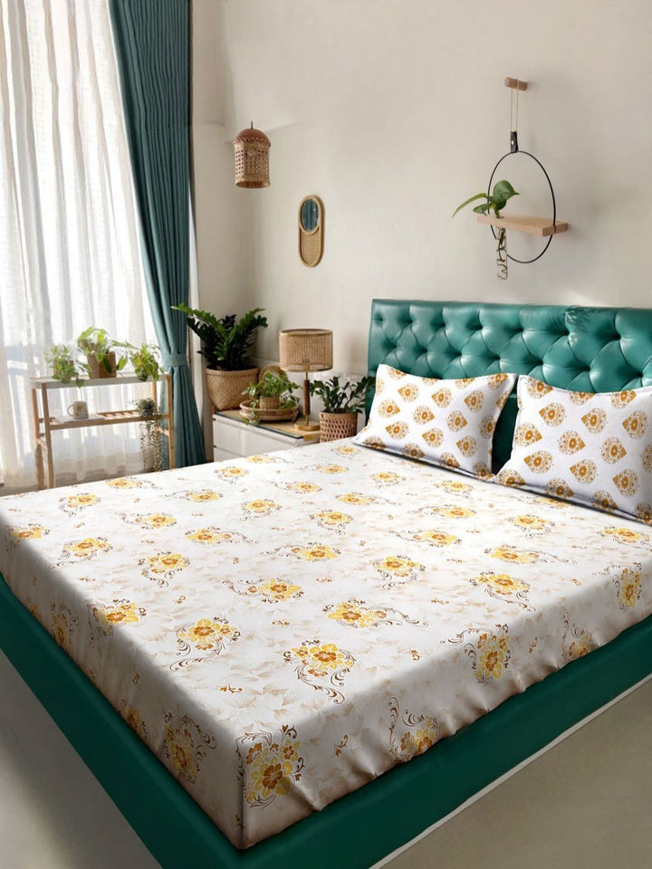 KLOTTHE Yellow Floral Pure Cotton 400 TC King Fine Bedsheet with 2 Pillow Covers-98 x 89 inches
